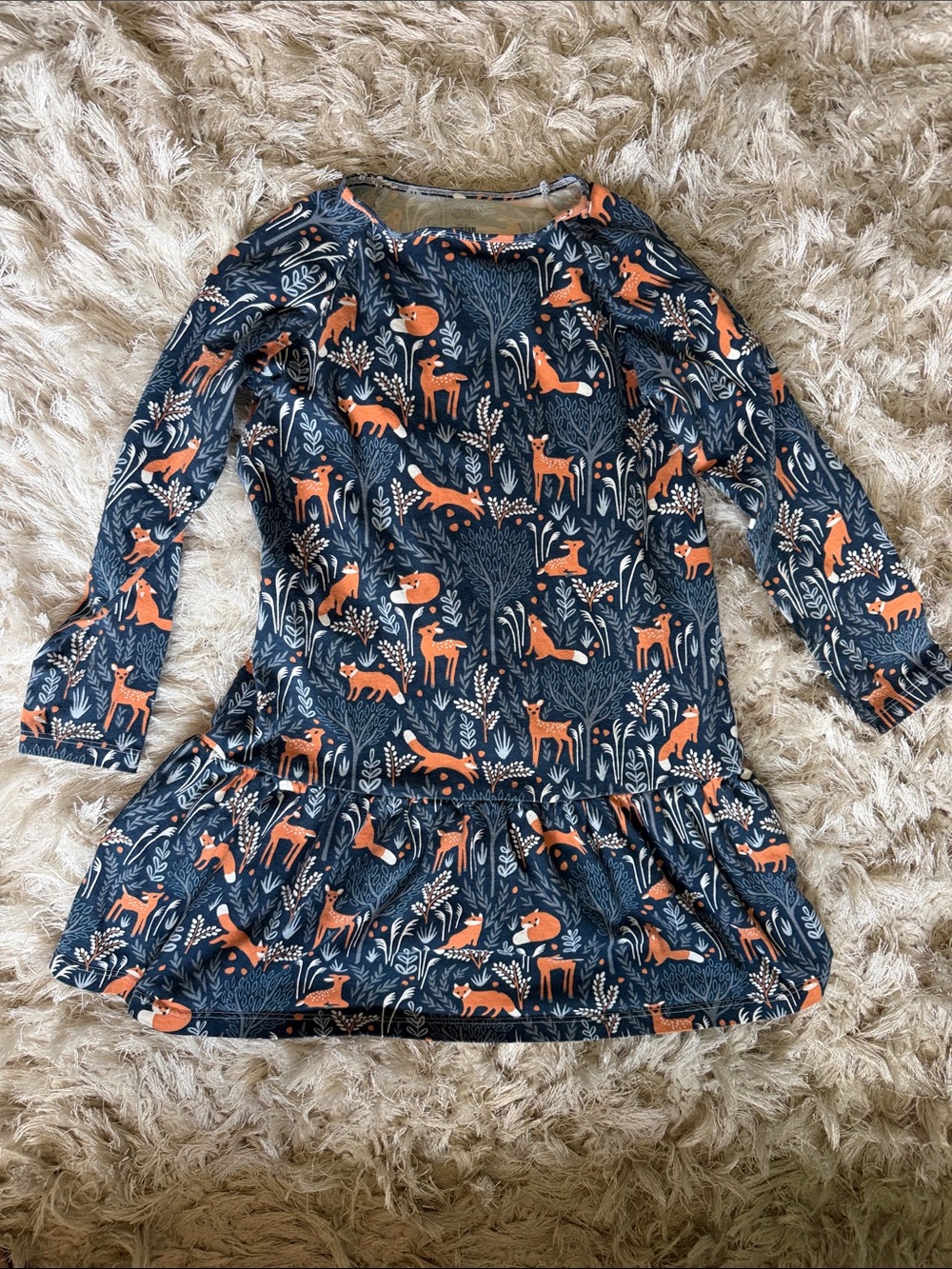 Girls' Navy Dress with Orange Fox Print - Casual Long Sleeve